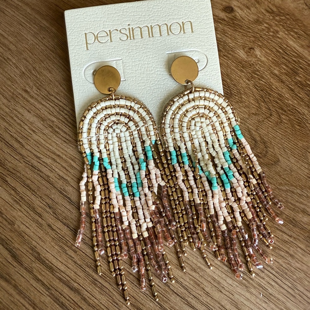 Beaded Fringe Earrings - Gold, Pink, and Green